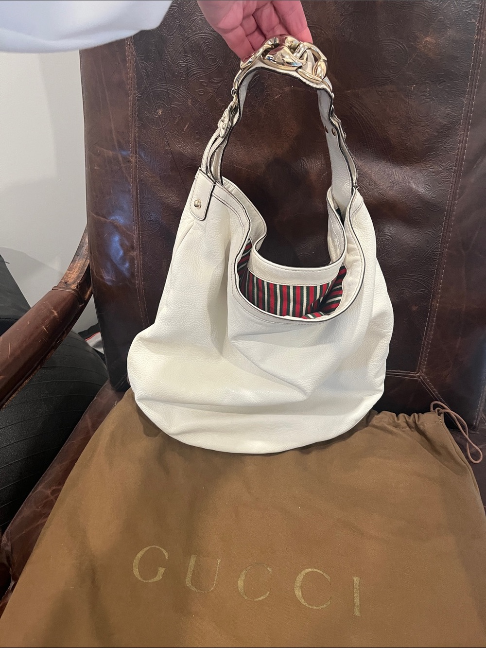 Gucci White Leather Hobo with Gold Horsebit Handle